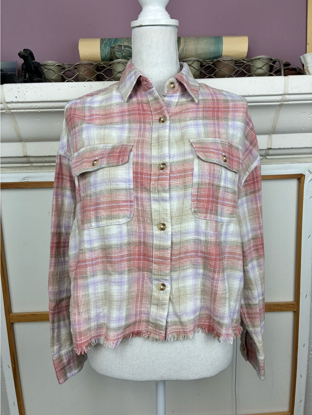 AE NWT Plaid Button-Front Shacket in Pastels fringed bottom cropped length